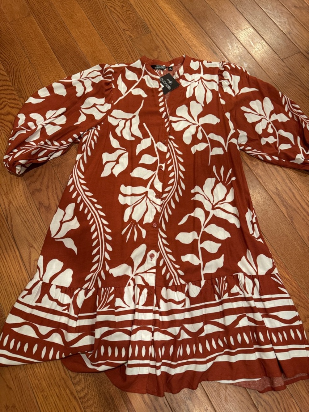 Mlle Gabrielle Rust Brown and White Floral Button-Front Midi Dress